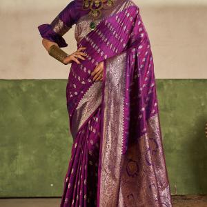 Dissemble Purple Pure Zari Weaving Banarasi Silk Saree With Majestic Blouse Piece
