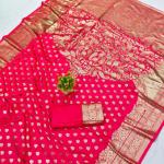 Tantalizing Dark Pink Pure Zari Weaving Banarasi Silk Saree With Gleaming Blouse Piece