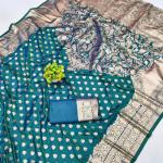 Fantabulous Rama Pure Zari Weaving Banarasi Silk Saree With Nectarous Blouse Piece