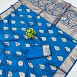 Enamoring Blue Pure Zari Weaving Banarasi Silk Saree With Lagniappe Blouse Piece