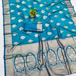 Tremendous Firozi Pure Zari Weaving Banarasi Silk Saree With Imaginative Blouse Piece