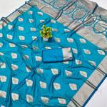 Tremendous Firozi Pure Zari Weaving Banarasi Silk Saree With Imaginative Blouse Piece