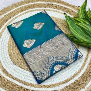 Symmetrical Rama Pure Zari Weaving Banarasi Silk Saree With Gossamer Blouse Piece