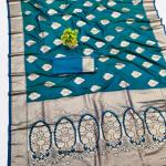 Symmetrical Rama Pure Zari Weaving Banarasi Silk Saree With Gossamer Blouse Piece