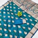 Symmetrical Rama Pure Zari Weaving Banarasi Silk Saree With Gossamer Blouse Piece