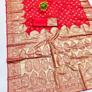 Flamboyant Red Pure Zari Weaving Banarasi Silk Saree With Angelic Blouse Piece