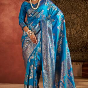 Woebegone Firozi Pure Zari Weaving Banarasi Silk Saree With Seraphic Blouse Piece