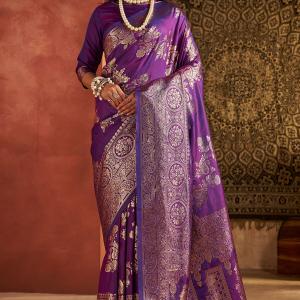 Snazzy Purple Pure Zari Weaving Banarasi Silk Saree With Eloquence Blouse Piece