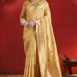 Glowing Beige Pure Zari Weaving Banarasi Silk Saree With Divine Blouse Piece