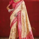 Stunning Beige Pure Zari Weaving Banarasi Silk Saree With Majesty Blouse Piece