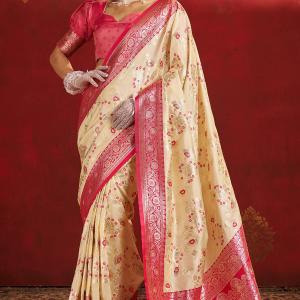 Stunning Beige Pure Zari Weaving Banarasi Silk Saree With Majesty Blouse Piece