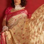 Stunning Beige Pure Zari Weaving Banarasi Silk Saree With Majesty Blouse Piece