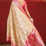 Stunning Beige Pure Zari Weaving Banarasi Silk Saree With Majesty Blouse Piece
