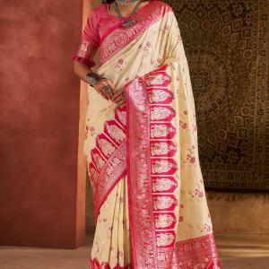 Hypnotic Beige Pure Zari Weaving Banarasi Silk Saree With Mellifluous Blouse Piece