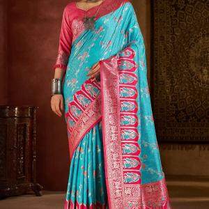 Scrumptious Turquoise Pure Zari Weaving Banarasi Silk Saree With Elegant Blouse Piece