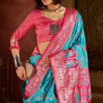 Scrumptious Turquoise Pure Zari Weaving Banarasi Silk Saree With Elegant Blouse Piece