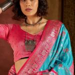 Scrumptious Turquoise Pure Zari Weaving Banarasi Silk Saree With Elegant Blouse Piece
