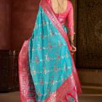 Scrumptious Turquoise Pure Zari Weaving Banarasi Silk Saree With Elegant Blouse Piece