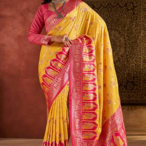 Prettiest Yellow Pure Zari Weaving Banarasi Silk Saree With Fairytale Blouse Piece