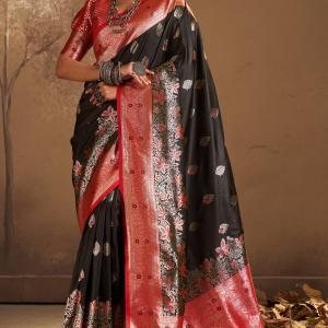 Prominent Black Pure Zari Weaving Banarasi Silk Saree With Ideal Blouse Piece