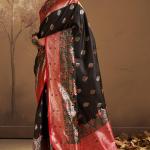 Prominent Black Pure Zari Weaving Banarasi Silk Saree With Ideal Blouse Piece