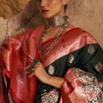 Engrossing Dark Green Pure Zari Weaving Banarasi Silk Saree With Comely Blouse Piece