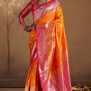 Luxuriant Orange Pure Zari Weaving Banarasi Silk Saree With Glorious Blouse Piece