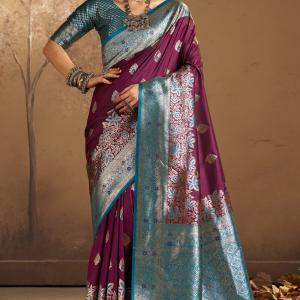 Fancifull Purple Pure Zari Weaving Banarasi Silk Saree With Efflorescence Blouse Piece