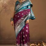 Fancifull Purple Pure Zari Weaving Banarasi Silk Saree With Efflorescence Blouse Piece