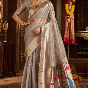 Luxuriant Grey Organza Paithani Silk Saree With Intricate Blouse Piece