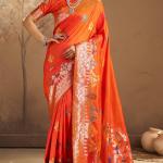 Unequalled Orange Pure Zari Weaving Banarasi Silk Saree With Sonorous Blouse Piece