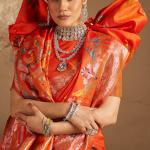 Unequalled Orange Pure Zari Weaving Banarasi Silk Saree With Sonorous Blouse Piece