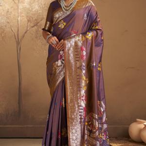 Resplendent Purple Pure Zari Weaving Banarasi Silk Saree With Scintilla Blouse Piece
