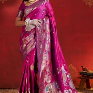 Most Stunning Magenta Pure Zari Weaving Banarasi Silk Saree With Outstanding Blouse Piece