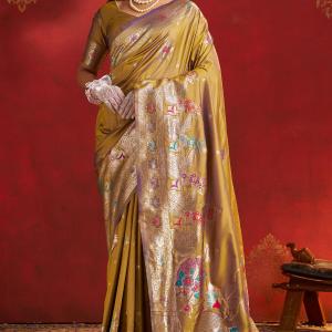 Transcendent Mustard Pure Zari Weaving Banarasi Silk Saree With Phenomenal Blouse Piece