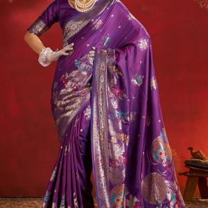 Jazzy Purple Pure Zari Weaving Banarasi Silk Saree With Designer Blouse Piece