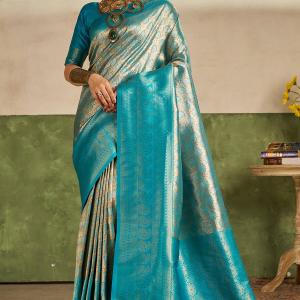 Flameboyant Firozi Kanjivaram Silk Saree With Appealing Blouse Piece