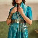 Flameboyant Firozi Kanjivaram Silk Saree With Appealing Blouse Piece