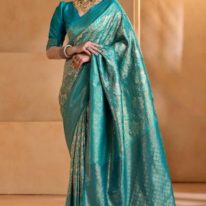 Sempiternal Firozi Kanjivaram Silk Saree With Unique Blouse Piece