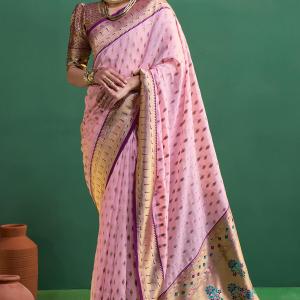 Luxuriant Baby Pink Organza Paithani Silk Saree With Traditional Blouse Piece