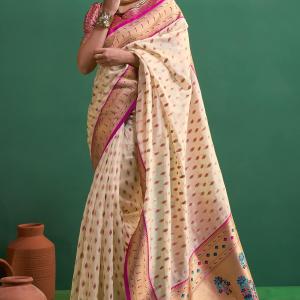 Panoply Beige Organza Paithani Silk Saree With Forbearance Blouse Piece