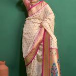 Panoply Beige Organza Paithani Silk Saree With Forbearance Blouse Piece