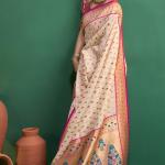 Panoply Beige Organza Paithani Silk Saree With Forbearance Blouse Piece
