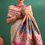 Panoply Beige Organza Paithani Silk Saree With Forbearance Blouse Piece