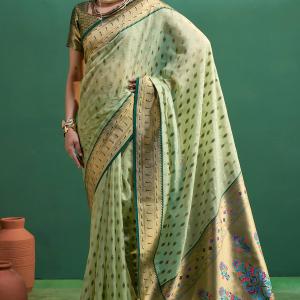 Transcendent Pista Organza Paithani Silk Saree With Diaphanous Blouse Piece