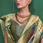 Transcendent Pista Organza Paithani Silk Saree With Diaphanous Blouse Piece