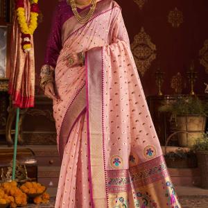 Stylish Baby Pink Organza Paithani Silk Saree With Piquant Blouse Piece