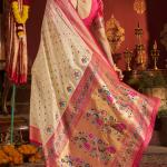 Rhapsody Beige Organza Paithani Silk Saree With Enchanting Blouse Piece
