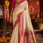 Rhapsody Beige Organza Paithani Silk Saree With Enchanting Blouse Piece