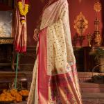 Rhapsody Beige Organza Paithani Silk Saree With Enchanting Blouse Piece